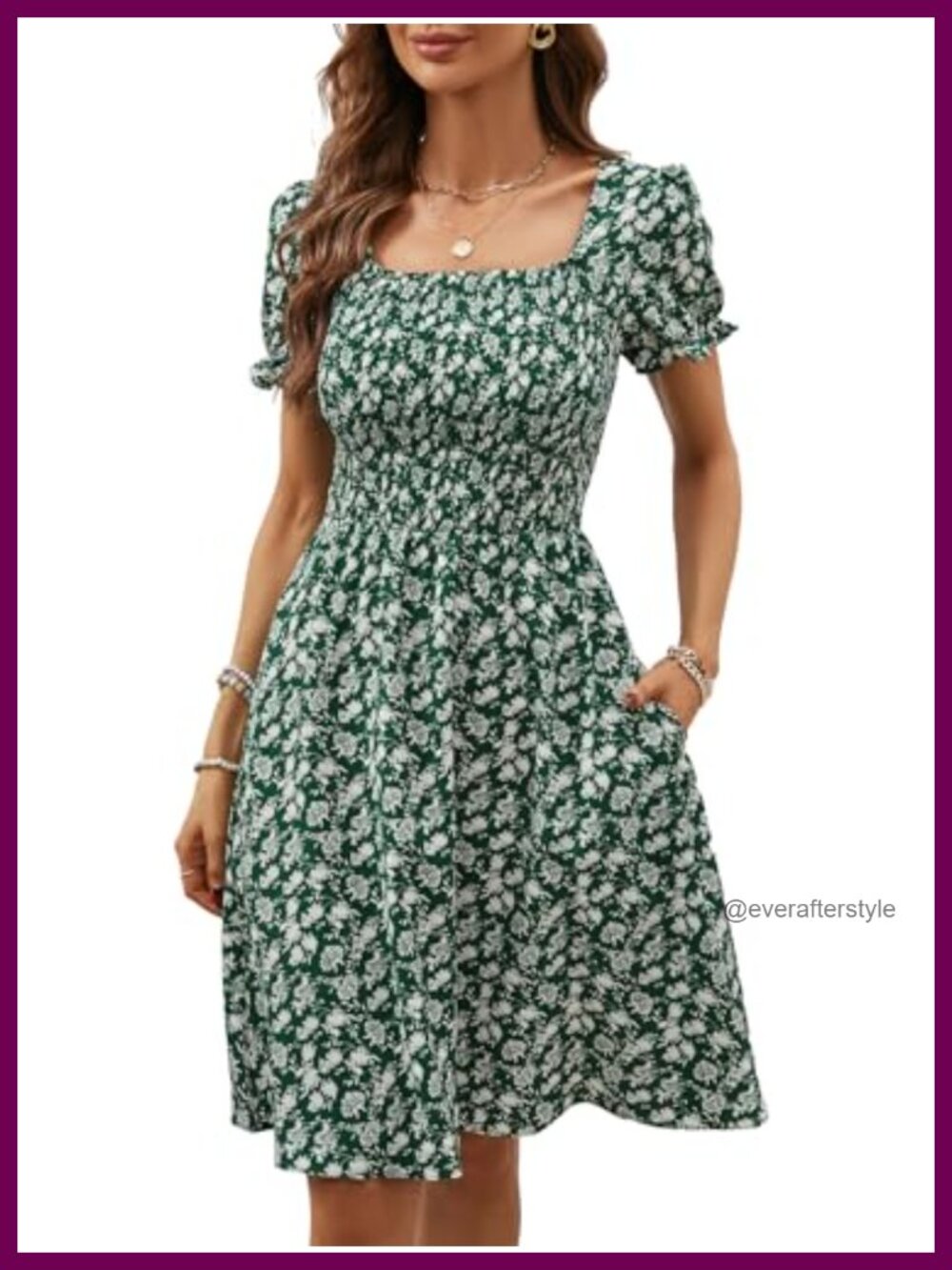 Women's Smocked Mini Sun Dress Square Neck Short Sleeve A-Line Sundress